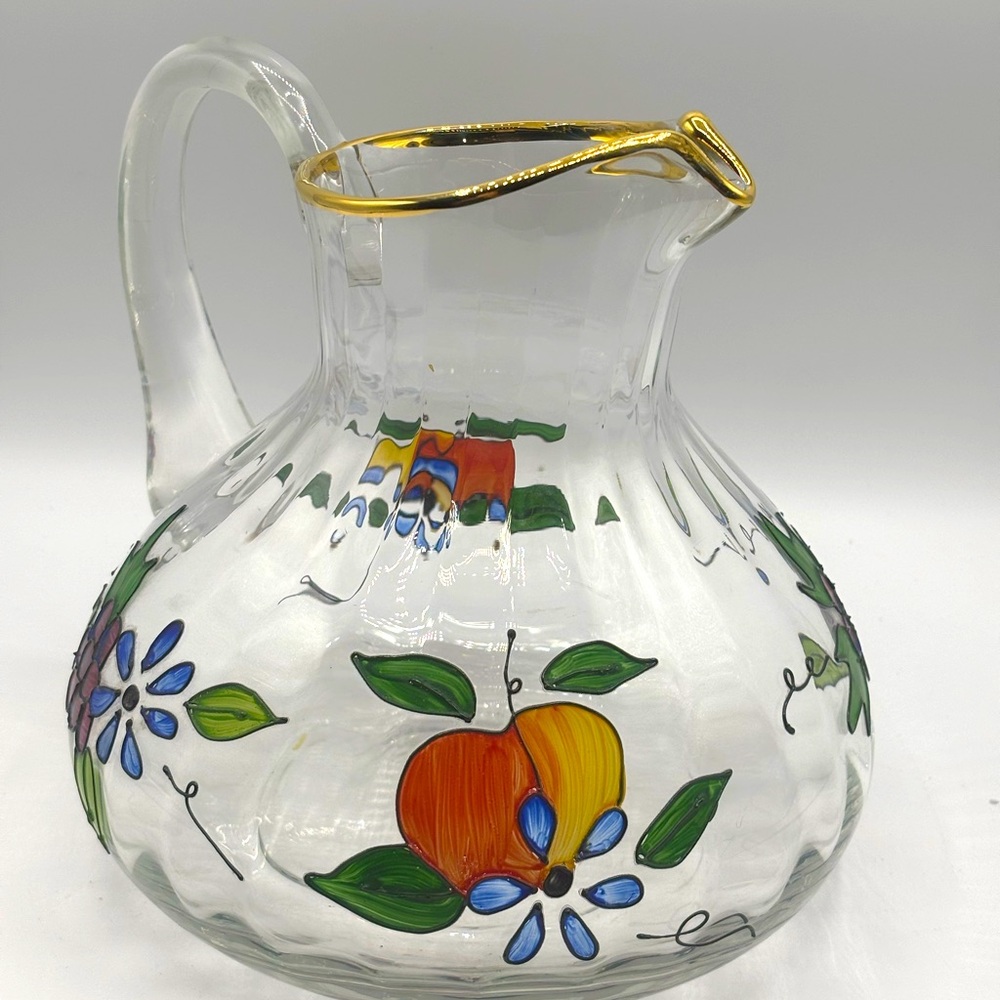 Vtg Fifth Avenue hand painted Romanian crystal 8" fruit floral gold rim pitcher - Picture 4 of 9